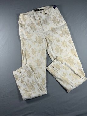 Robell White Pants with Gold Floral Jacquard